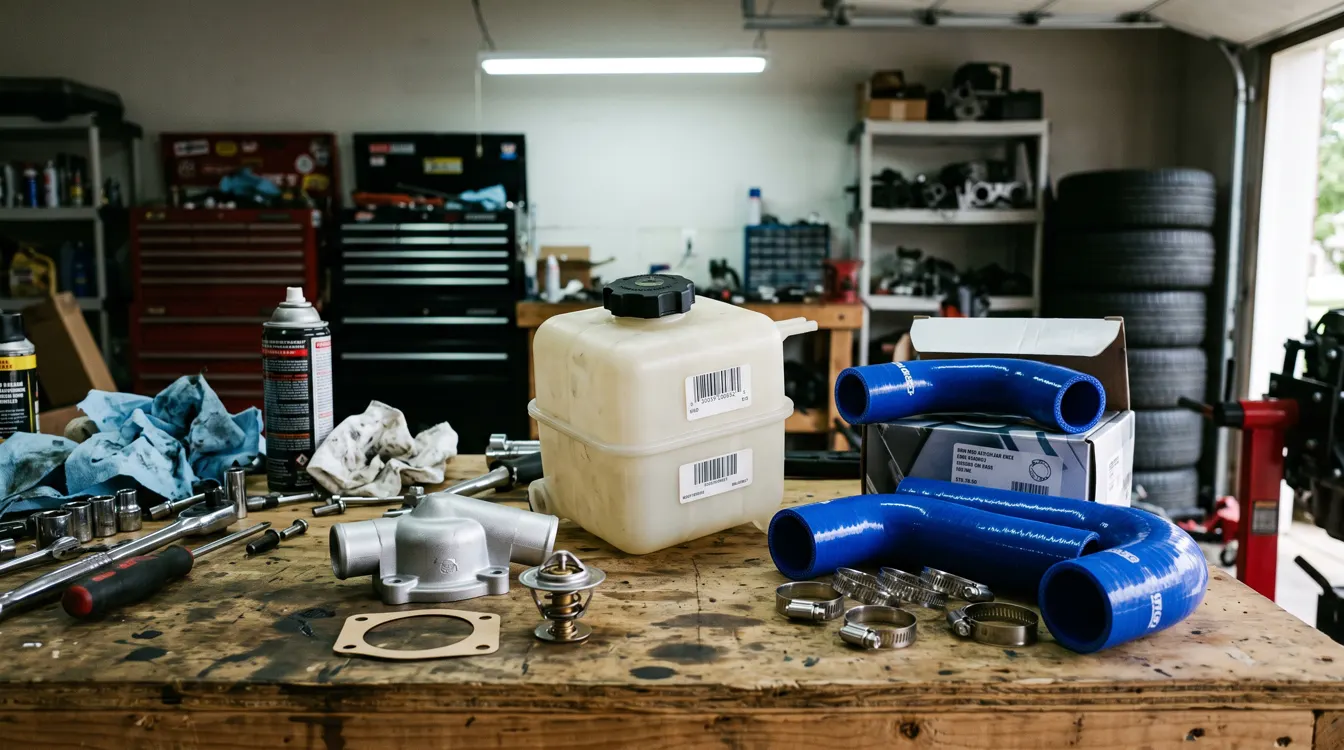 Expansion tank, thermostat, thermostat housing, silicone hoses and clamps laid out on a workbench