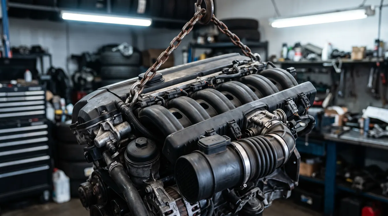 Inline-six engine with plastic intake manifold hanging from an engine hoist chain