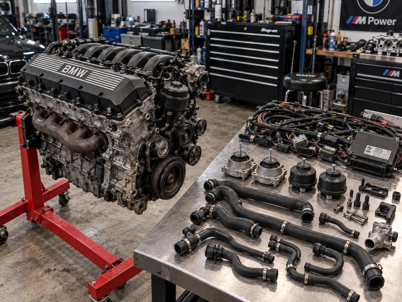 Inline-six engine on a red engine stand next to a bench with engine mounts, hoses and wiring