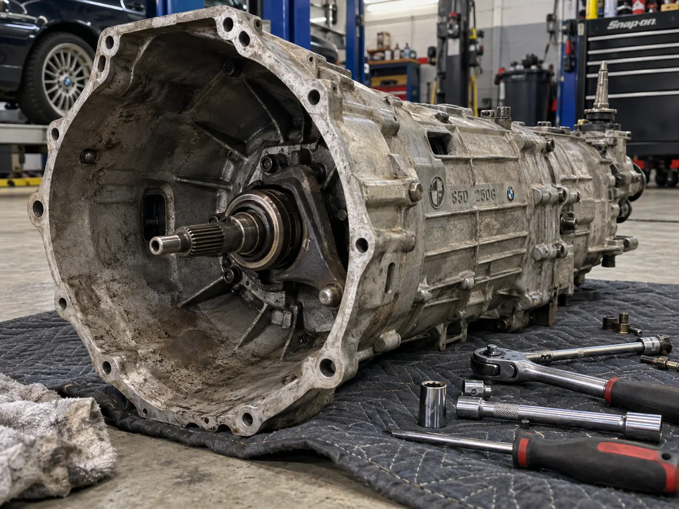 Five-speed manual gearbox on a workshop floor, bellhousing facing the camera