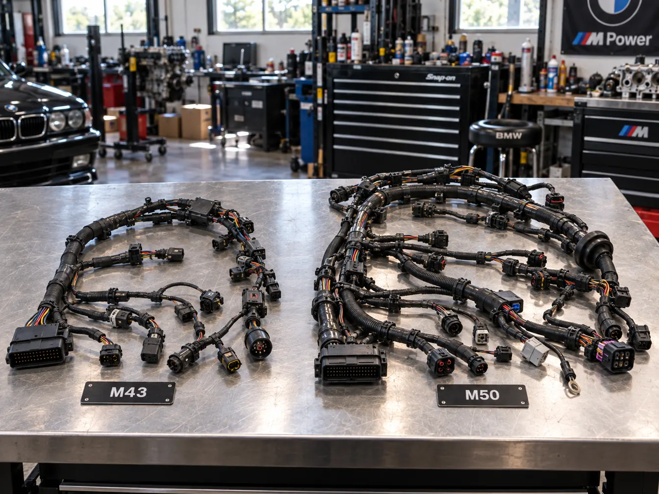 M43 and M50 engine wiring harnesses compared on a steel workbench