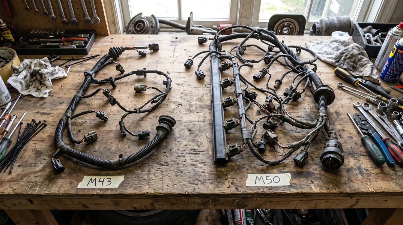 Four-cylinder M43 engine harness and six-cylinder M50 harness laid side by side on a workbench