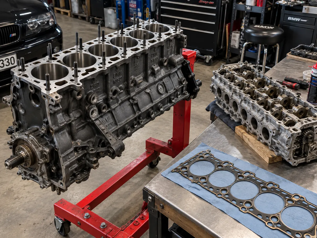 Bare inline-six block on an engine stand next to a cylinder head and new head gasket