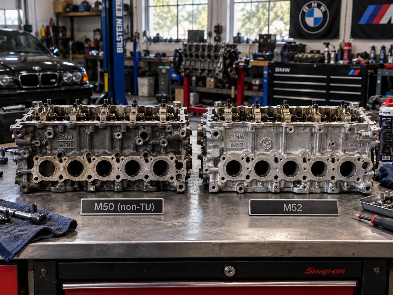 Two six-cylinder heads on a workbench labelled M50 non-TU and M52