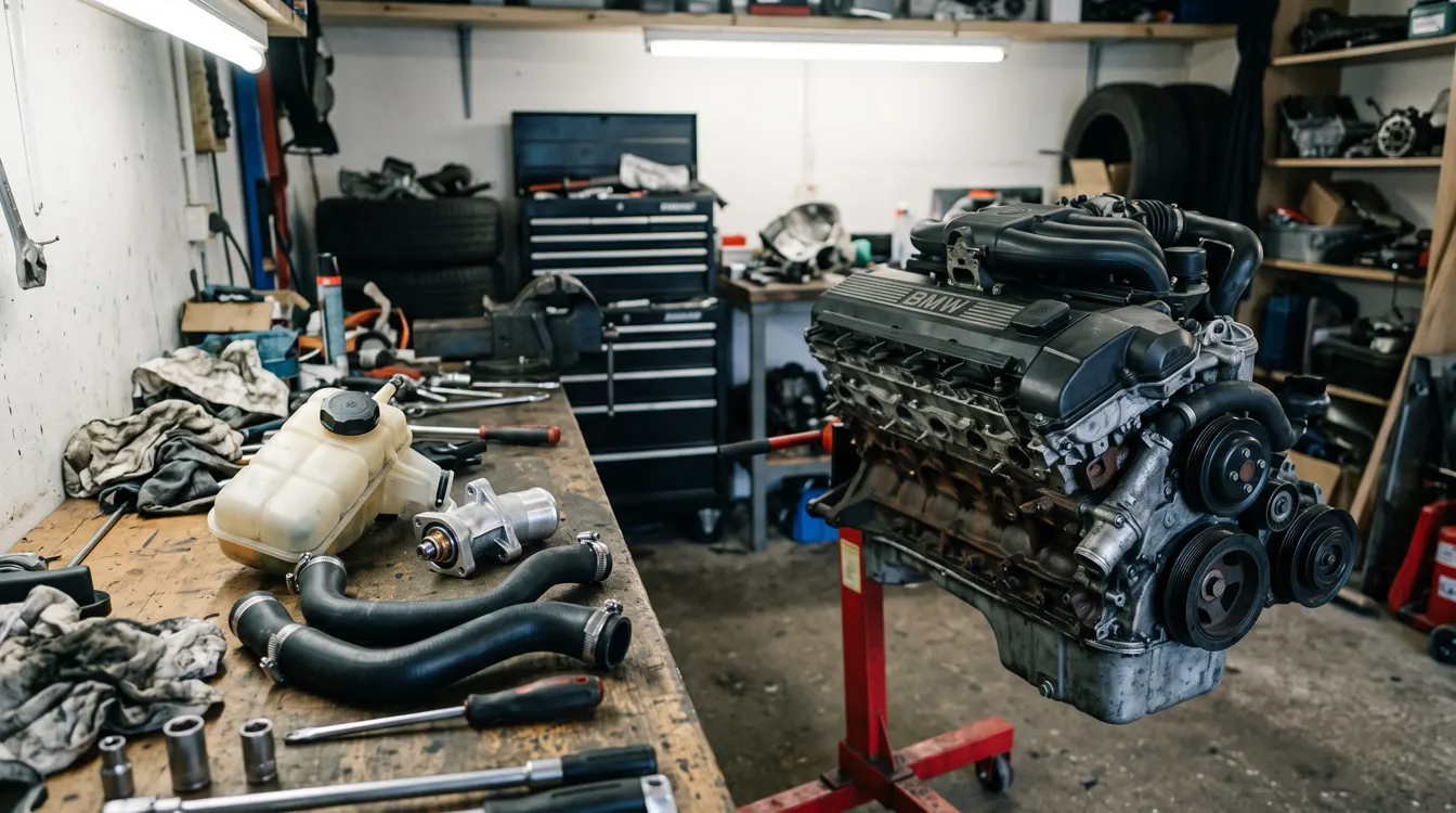 Inline-six engine on a stand with expansion tank, thermostat housing and coolant hoses on the bench