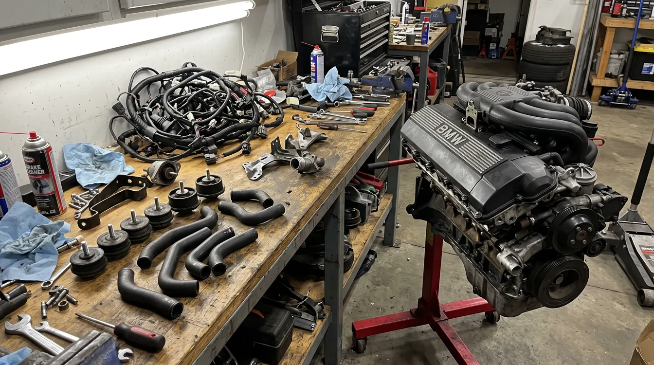 Inline-six engine on a stand next to a bench of engine mounts, coolant hoses and a wiring harness