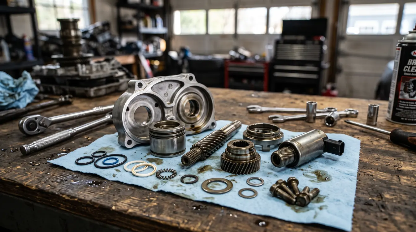 VANOS housing, helical gear shaft, piston, solenoid and seal kit on a shop towel