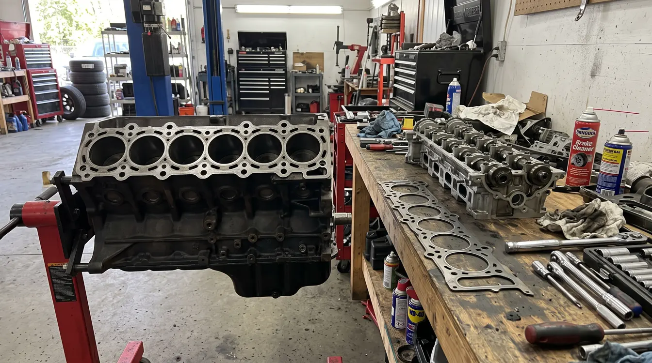 Six-cylinder block deck on a stand with the cylinder head and a multi-layer head gasket on the bench