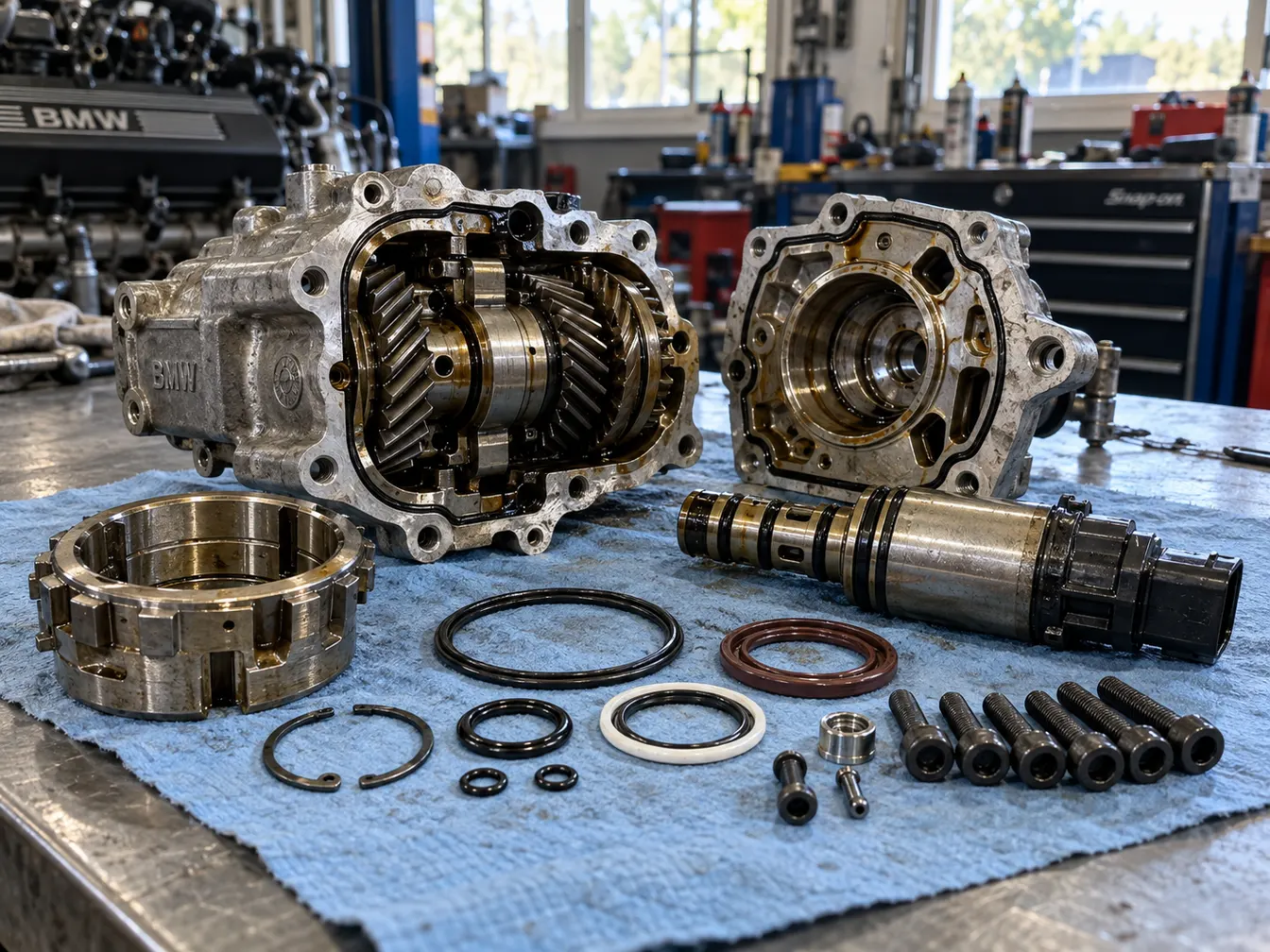 Single VANOS unit disassembled on a shop towel with piston, solenoid, seals and bolts